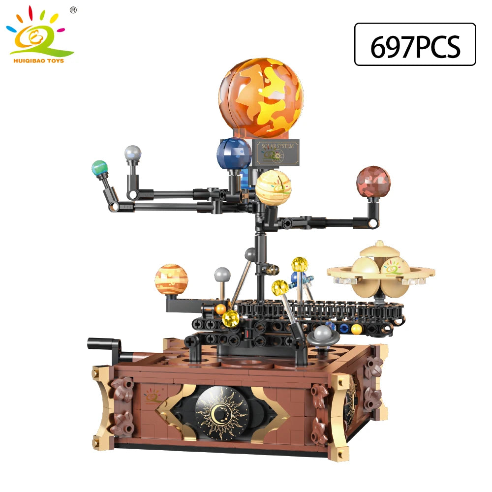 HUIQIBAO MOC Space Solar System Orbit Planet Model Small Building Block Aerospace Ornament Brick Toy For Children Desk Decor.