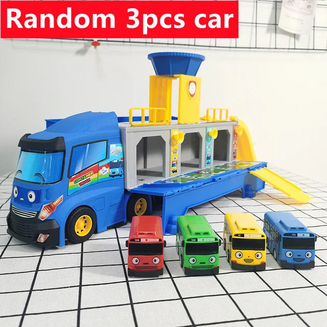 Tayos Cartoon The Little Bus Container Truck Storage Box Parking Lot With 3 Pull Back Mini Car Toys For Children Birthday Gifts