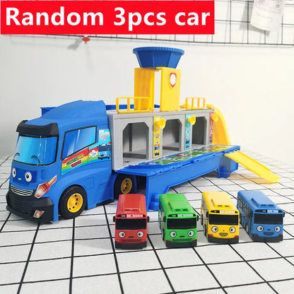 Tayos Cartoon The Little Bus Container Truck Storage Box Parking Lot With 3 Pull Back Mini Car Toys For Children Birthday Gifts