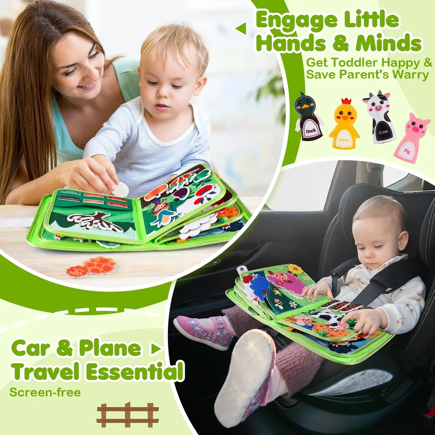 Busy Book for Toddlers, Montessori Toys for Boy Girl, Farm Animal Busy Board Educational Learning Quiet Toddler
