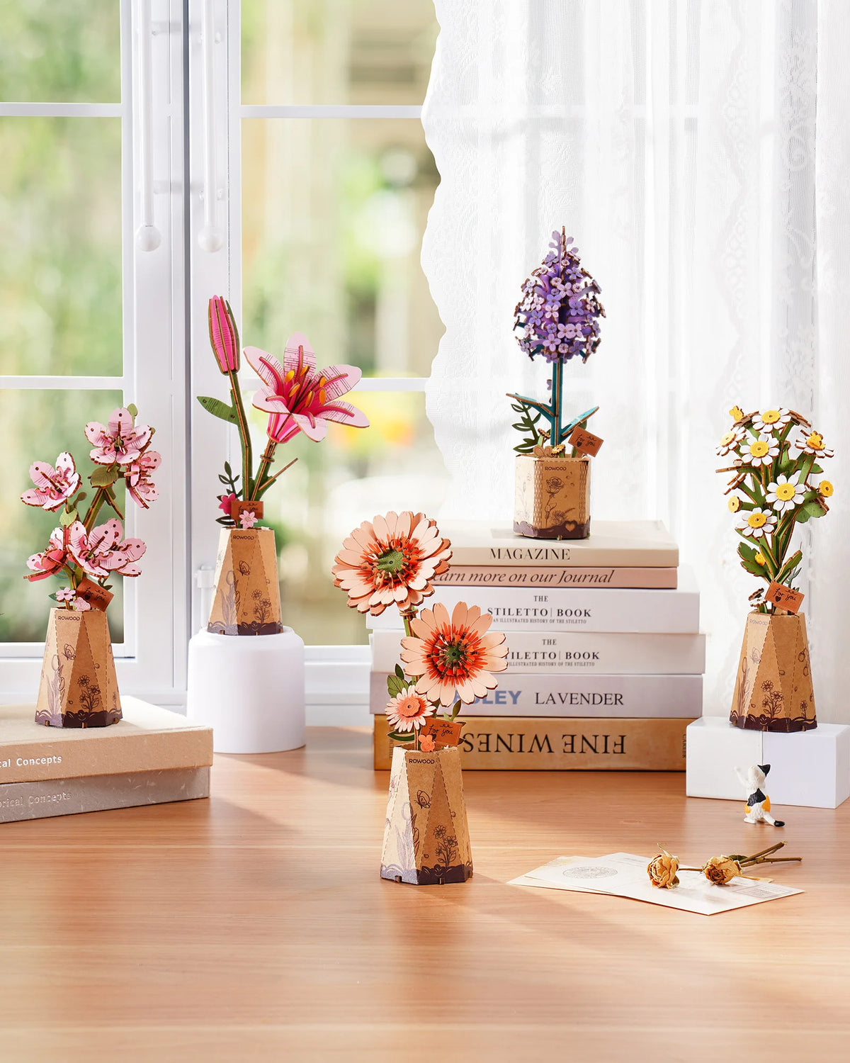 Rolife Wooden 3D Puzzle Sakura Artificial Flower DIY Model Building Kit for Bookshelf Decor Valentine's Day Mother's Day Gift
