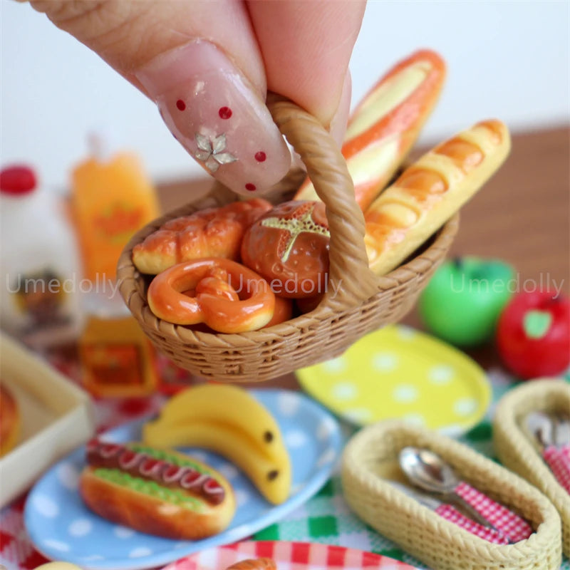 44PCS 1:6 Dollhouse Miniature Honey Bread Pizza Picnic Basket Model Mini Play Kitchen Food & Drink Set for Doll Accessories