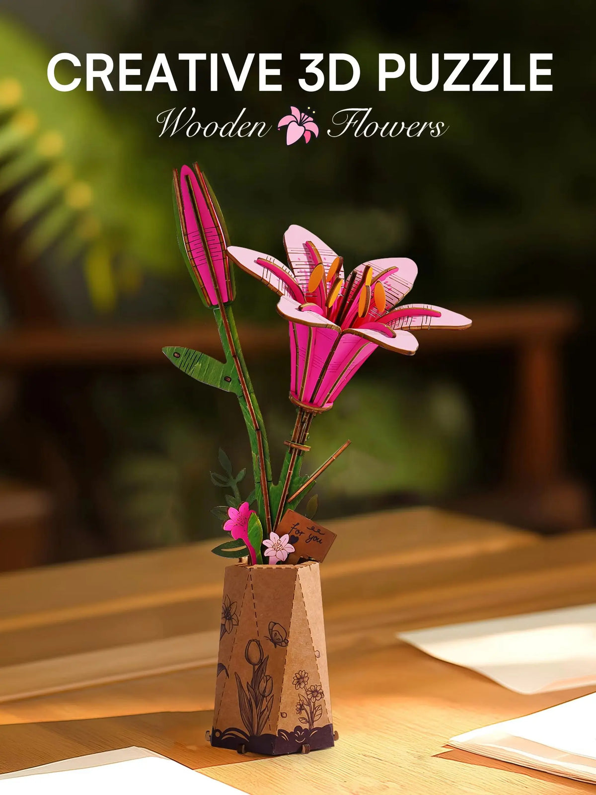 Rolife Artificial Flower Wooden 3D Puzzle Pink Lily DIY Flower Bouquet Model Building Kit for Home Decor Mother's Day Valentine's Day Gift for Mother Lover