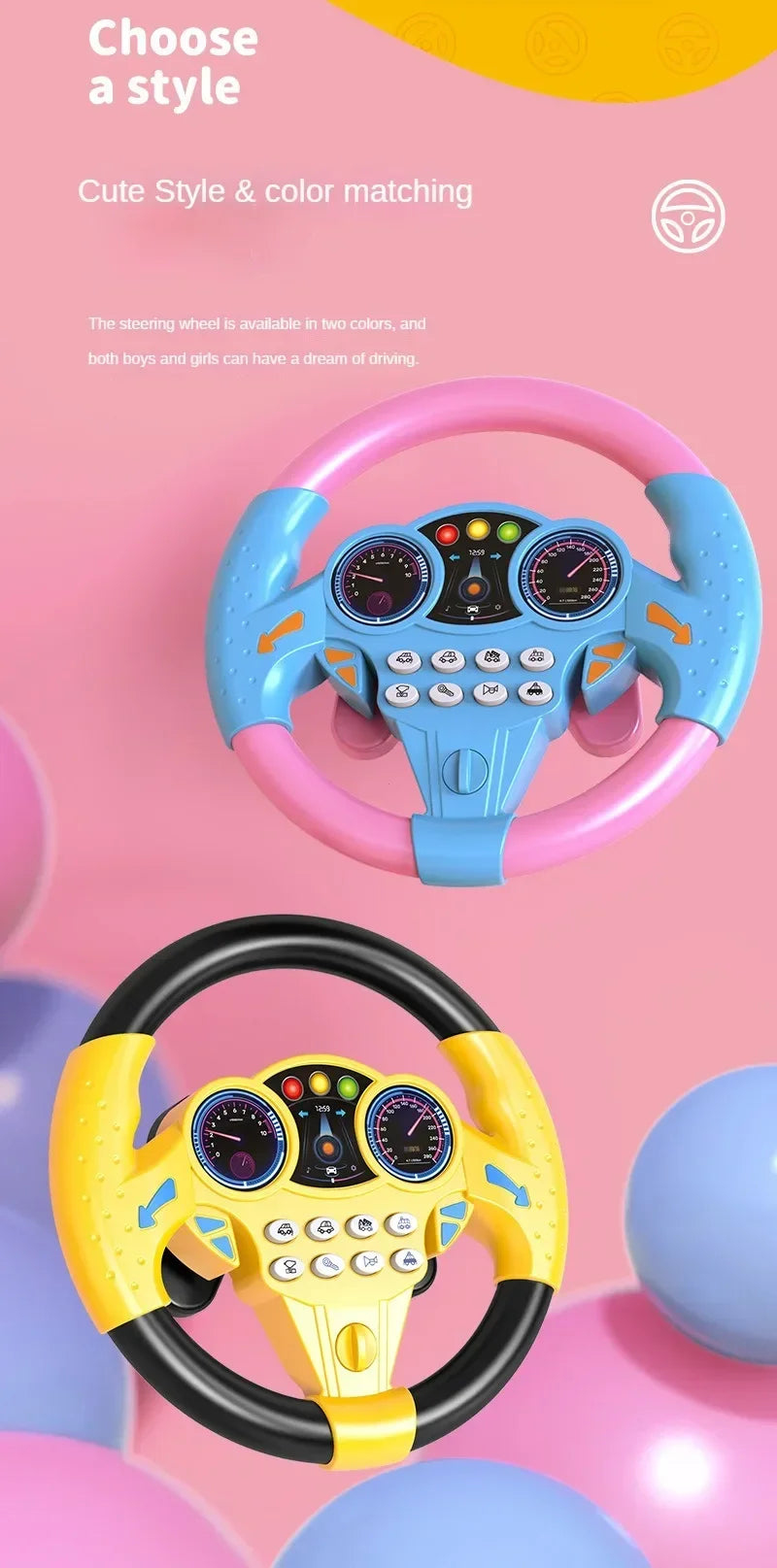 Kids Steering Wheel Toy - Backseat Pretend Play with Lights & Music - Fun Preschool Driving Simulator Gift for Toddlers