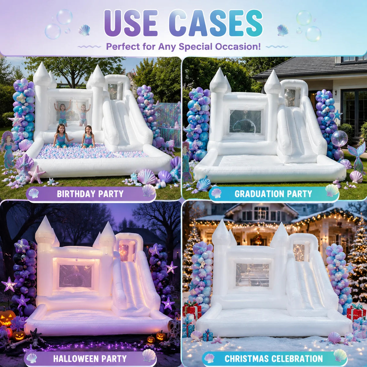 VANCEN 14FT Spire-Top Inflatable Bounce House White with Slide Large Ball Pit Middle Play Zone Portable Bouncy Castle for Kids Birthday/Party