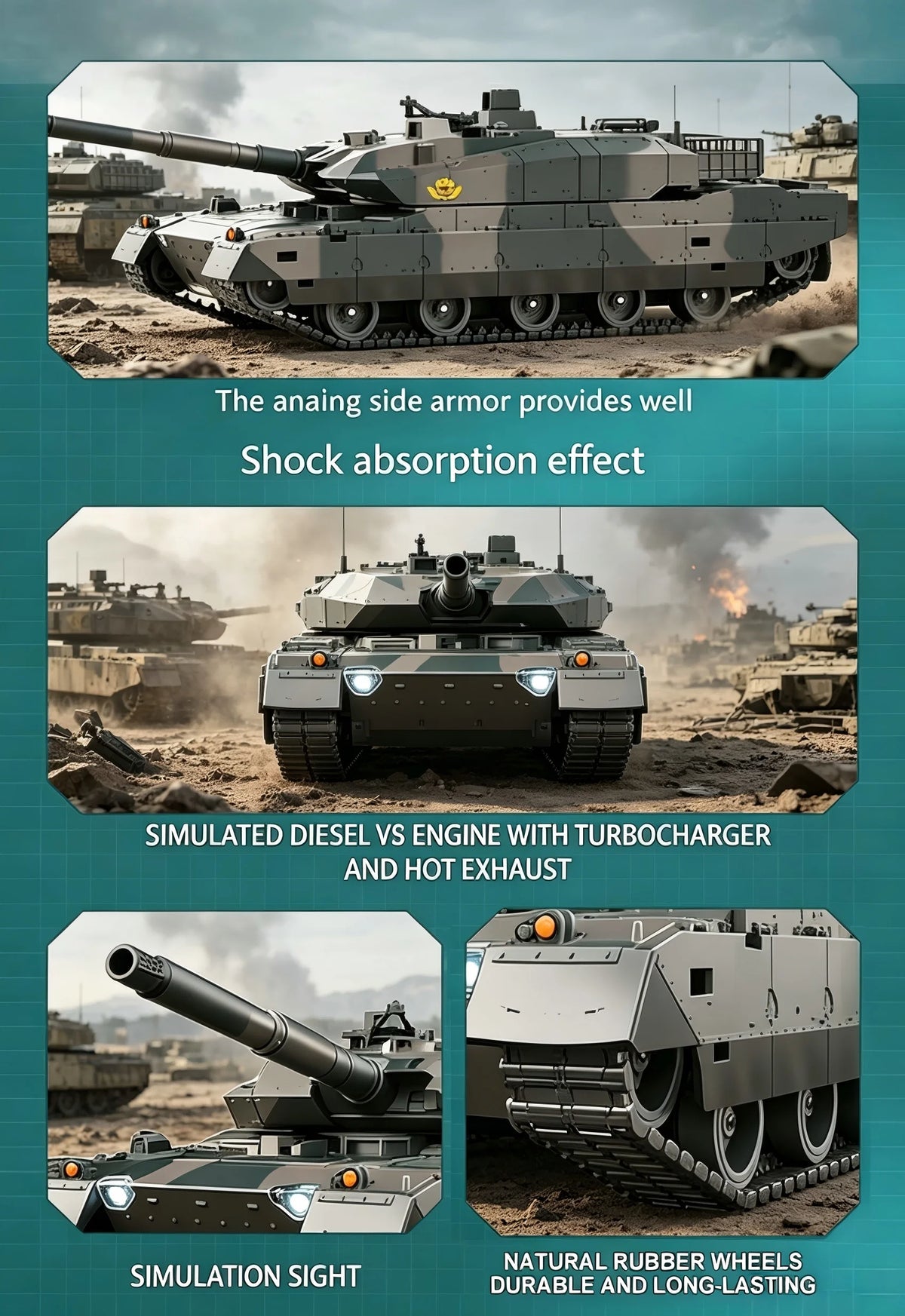 TONGLI Large RC Battle Tank Tracked Off-Road Vehicle, Rechargeable Battery, Multi-Channel Control, Turret Rotation & Elevation, Realistic Sound & Light Effects, All-Terrain Driving, Battle Interaction, Indoor & Outdoor Use, G