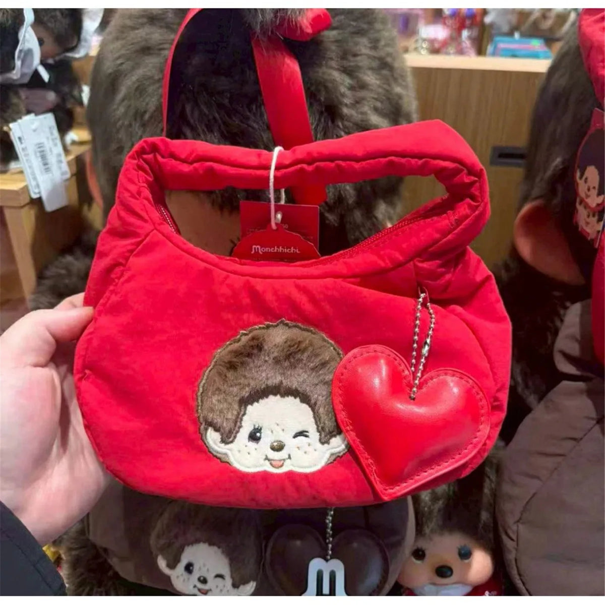 Monchhichi Cute Hobo Bag Soft Puffer Handbag Kawaii Embroidery Underarm Bag with Heart Pendant Casual Daily Tote Bag