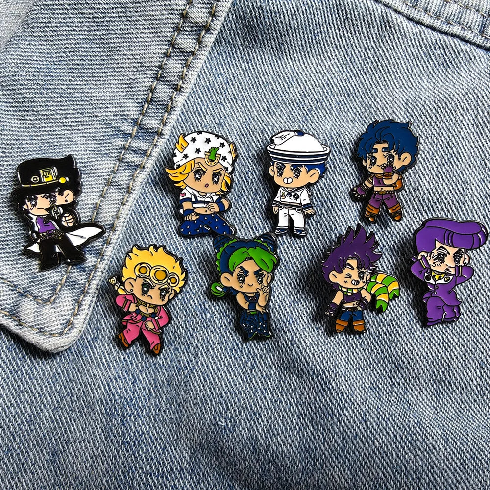 8Pcs Anime JoJo Enamel Pins Cute Chibi Hero Characters Jotaro Josuke Giorno Jolyne Lapel Pins Creative Brooch Badge Gift