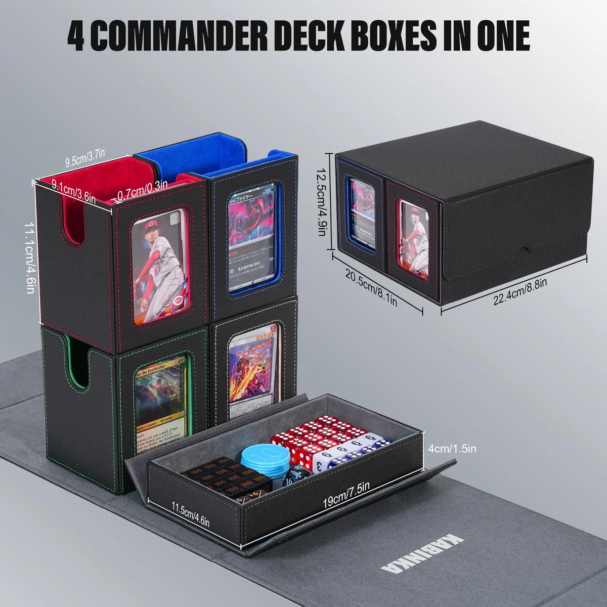 Kabinka Card Deck Box for MTG Commander, Holds 400+ Double-Sleeved Cards, 5 IN 1 Detachable Card Case with Dice Tray, Fits Magic/TCG Cards, 4 Magnetic Card Holders & Dividers (Colorful)