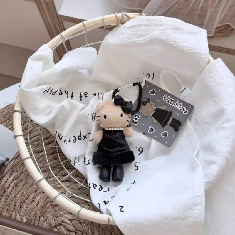 Fashion Mini 10CM Black Dress Hello Kitty Plush Doll Keyring  Long Legs Pearl Bow KT Heart  Bag Charm Cute Stuffed Pendant Decor