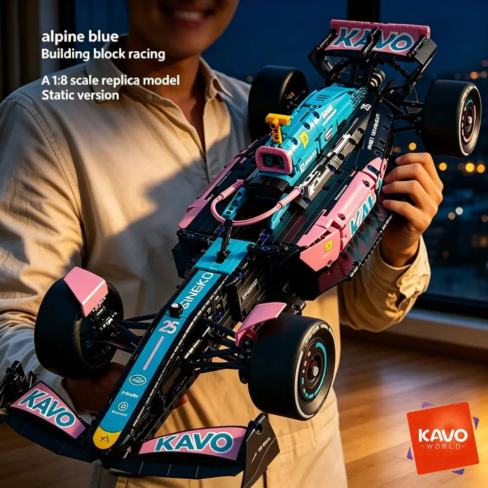 KAVOWORLD 1:8 Pink-blue Formula Racing Car Building Block Kit 1768pcs Technical Mechanical Racing Bricks Set DIY Construction Vehicle Toy with Steerable Wheels Openable Cockpit Simulated Engine for Home Office Display Christm