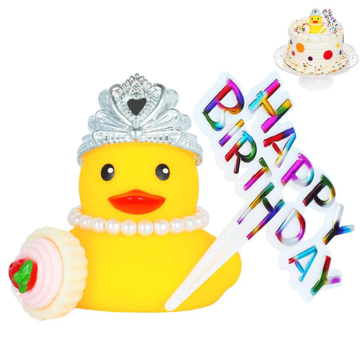Rubber Ducks with Happy Birthday Sign Party Favors Duck with mini Cupcake Accessory, Pearl Necklace and Crown