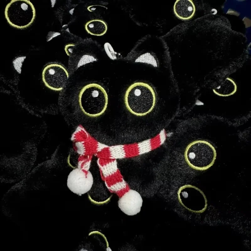 New Kawaii Big Eyes Cat Plush Doll With Scarf Black Cat Keychain Bag Pendant Cartoon Kitten Ornament Holiday Gift For Dear