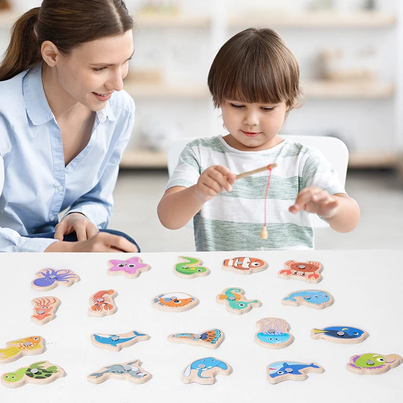 Wooden Magnetic Fishing Toys for Children Marine Life Cognition Fish Games Baby Early Educational Parent-child Interactive Toy