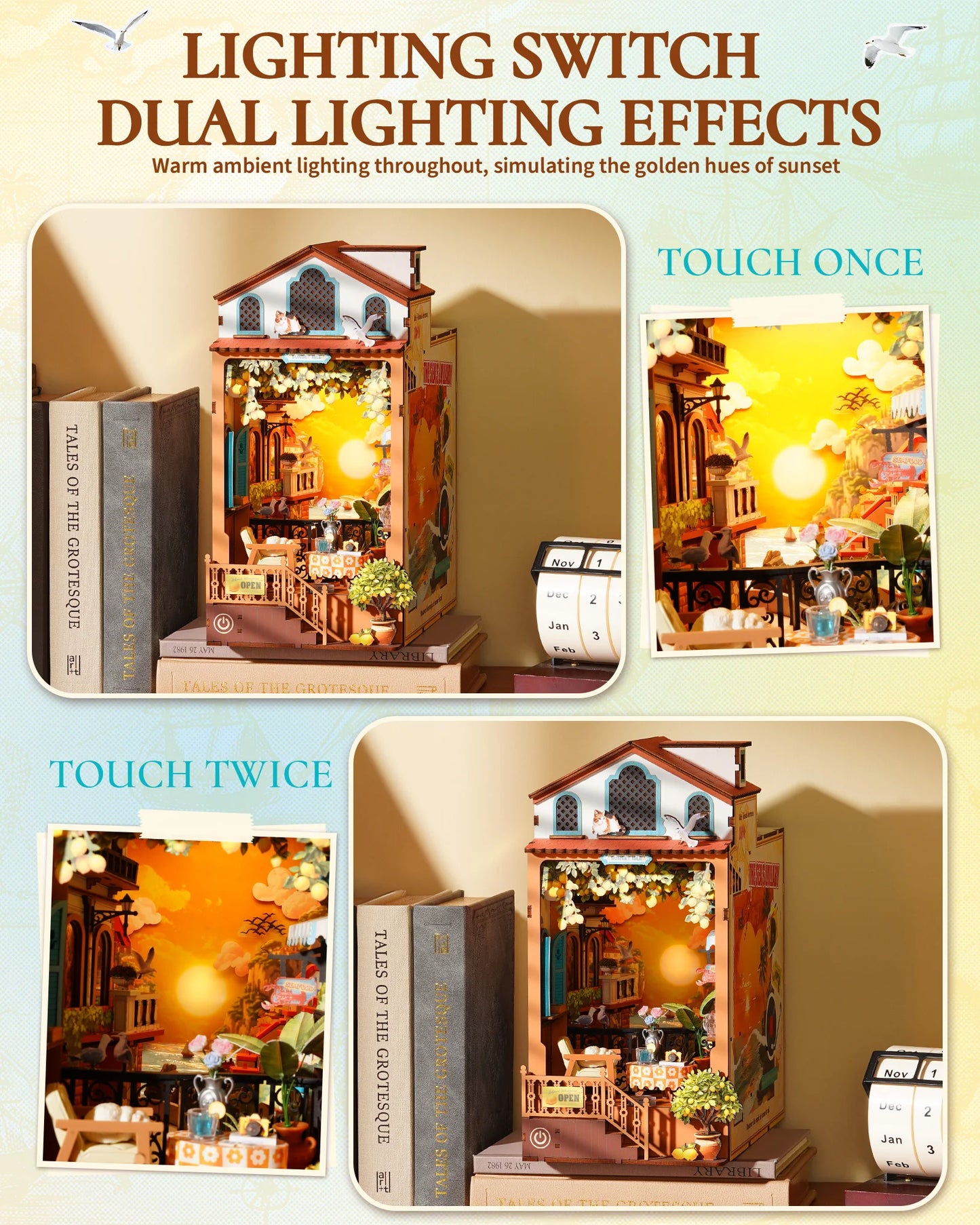 Rolife DIY Book Nook Kit Sunset Isle Bookends Wooden 3D Puzzle Model Building Kit for Bookshelf Decor Gift for Adult Book Lovers
