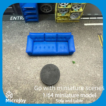 Detailed Scene: 1:64 Scale Miniature Model Repair Workshop Sofa Mini Ornament Sofa Coffee Table Scene with Vintage Decoration