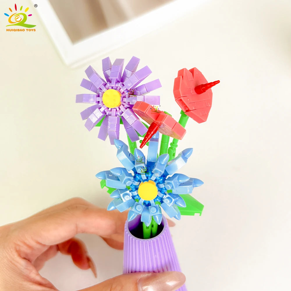 HUIQIBAO MOC Eternal Flower Bouquet with pot Micro Building Block Sunflower Rose Mini Model Brick Toy home Desk Decoration