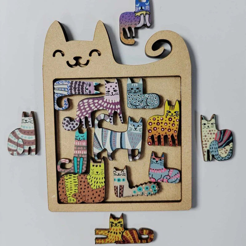 Cute Cat Shaped Wooden Jigsaw Puzzle Focus & Stress Relief Toys Irregular Unique Creative Ideal Gift for Kids Boys Girls