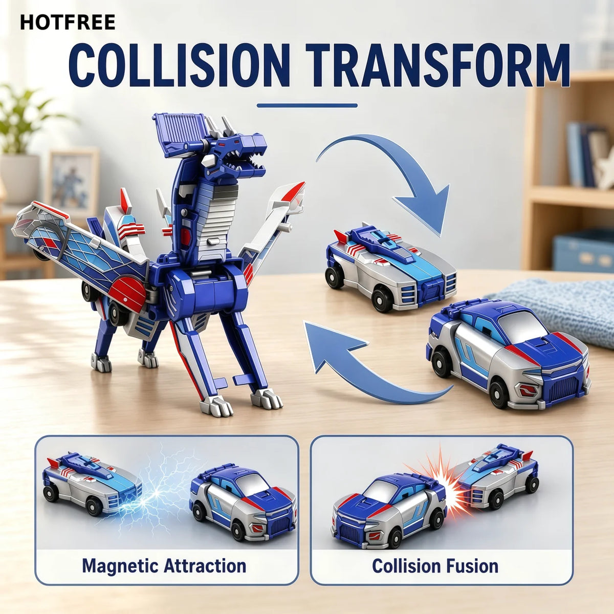 Hotfree Magnetic Dinosaur Transformer Car Toy, 2-in-1 Magnetic Cars That Transform into Flying Dragon Deer and Unicorn, Automatic Collision Transforming Toy, Fun STEM Toy Birthday Christmas Gift for Boys & Girls