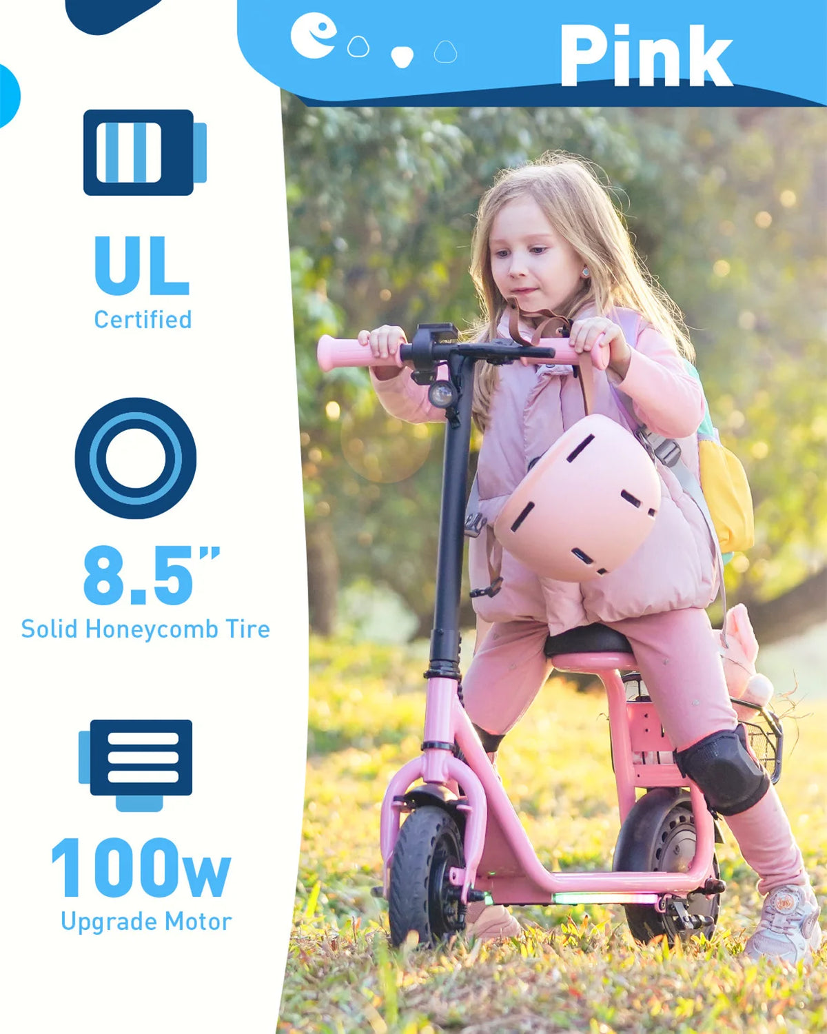 Hiboy Q2 Lite Kids Electric Scooter with Seat 100W Motor 9.3MPH Children E-Scooter UL Certified Battery LED Lights Gift for Boys Girls Ages 4-10
