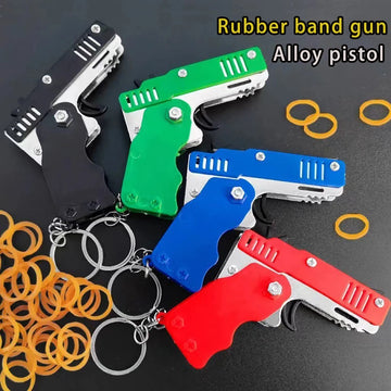 Metal Burst Rubber Band Toy - Mini Folding Launcher Toy With Keychain And 60pcs Rubber Bands,Perfect Gift for Christmas