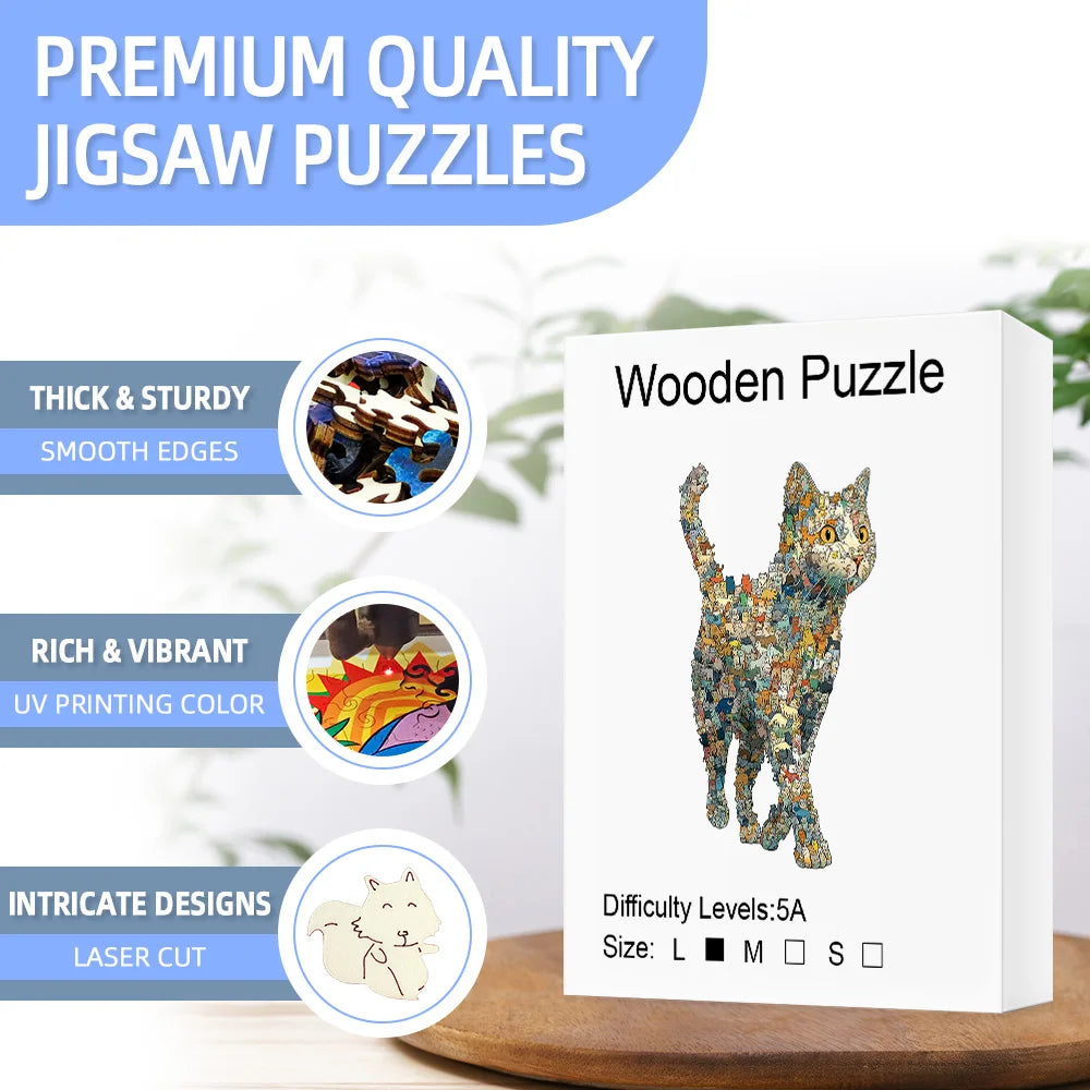 Wooden Cat Jigsaw Puzzle: Exquisite Gift, Thick Sturdy Pieces, Vibrant Colors, Home Decor & Family Fun Challenging Puzzle