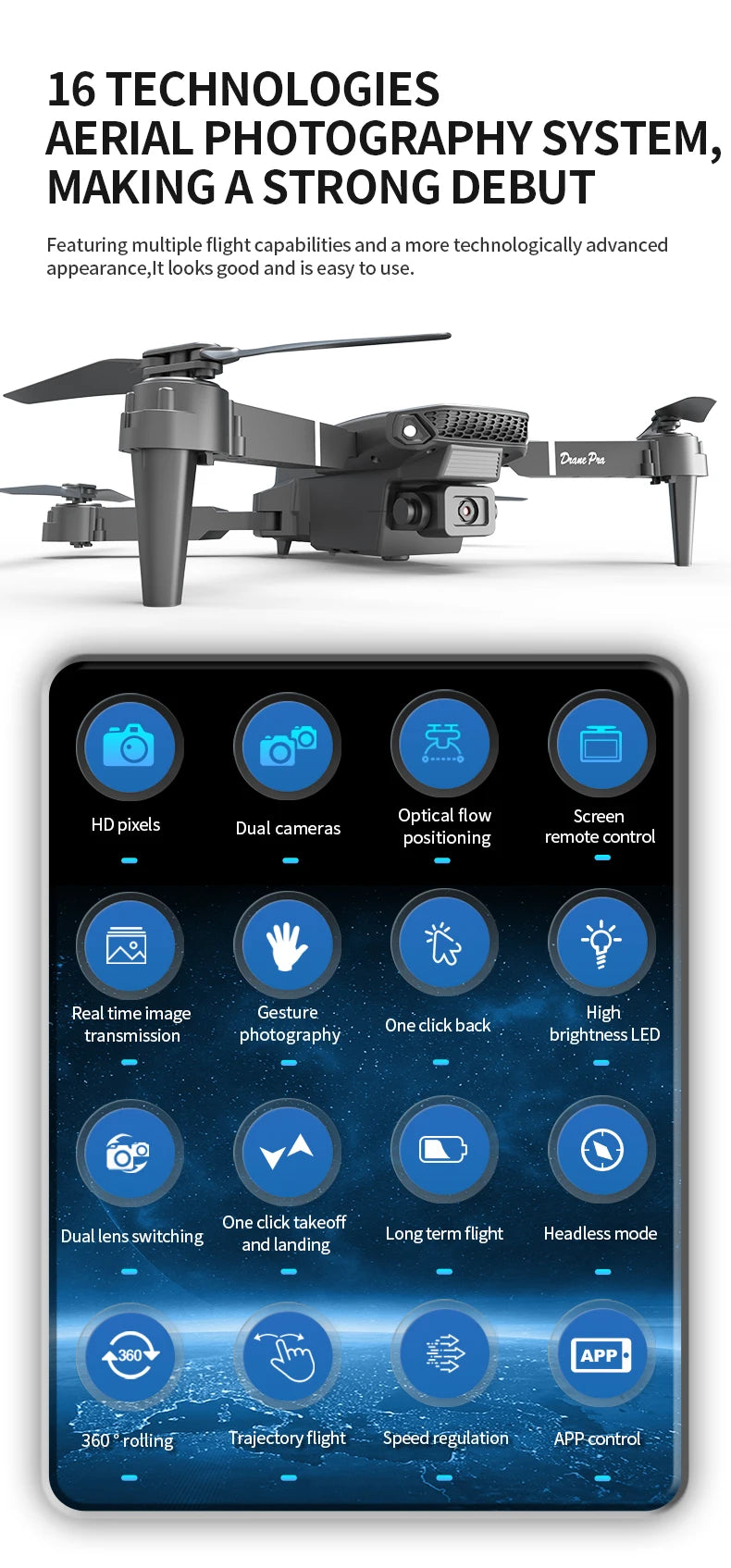 E88 Pro Foldable Drone Dual HD Camera Optical Flow Positioning 2.4G Signal 100M Remote Range One Key Takeoff Landing Return Outdoor Aerial Drone