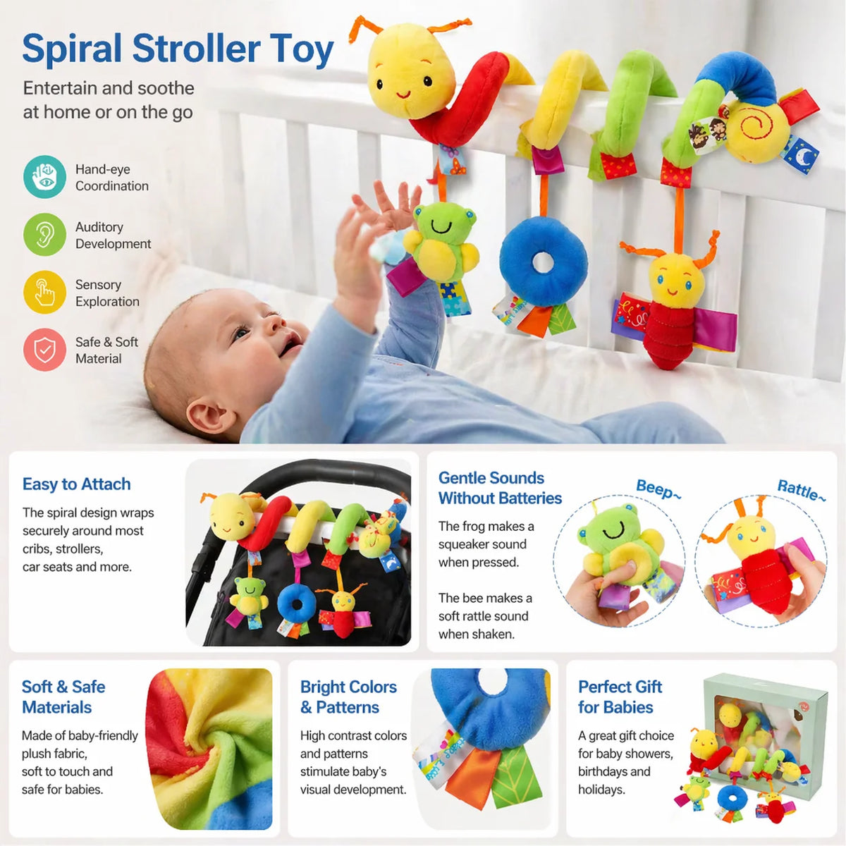 Baby Hanging Car Seat Toys Plush Activity Hanging Stroller Toys with BB Squeaker and Rattles For Newborn Travel Activity Toy