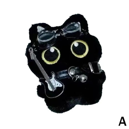 12cm Keychain Rock Music Black Cat Plush Toy Guitar Cute Punk Style Doll Schoolbag Pendant For Friends Birthday Gift