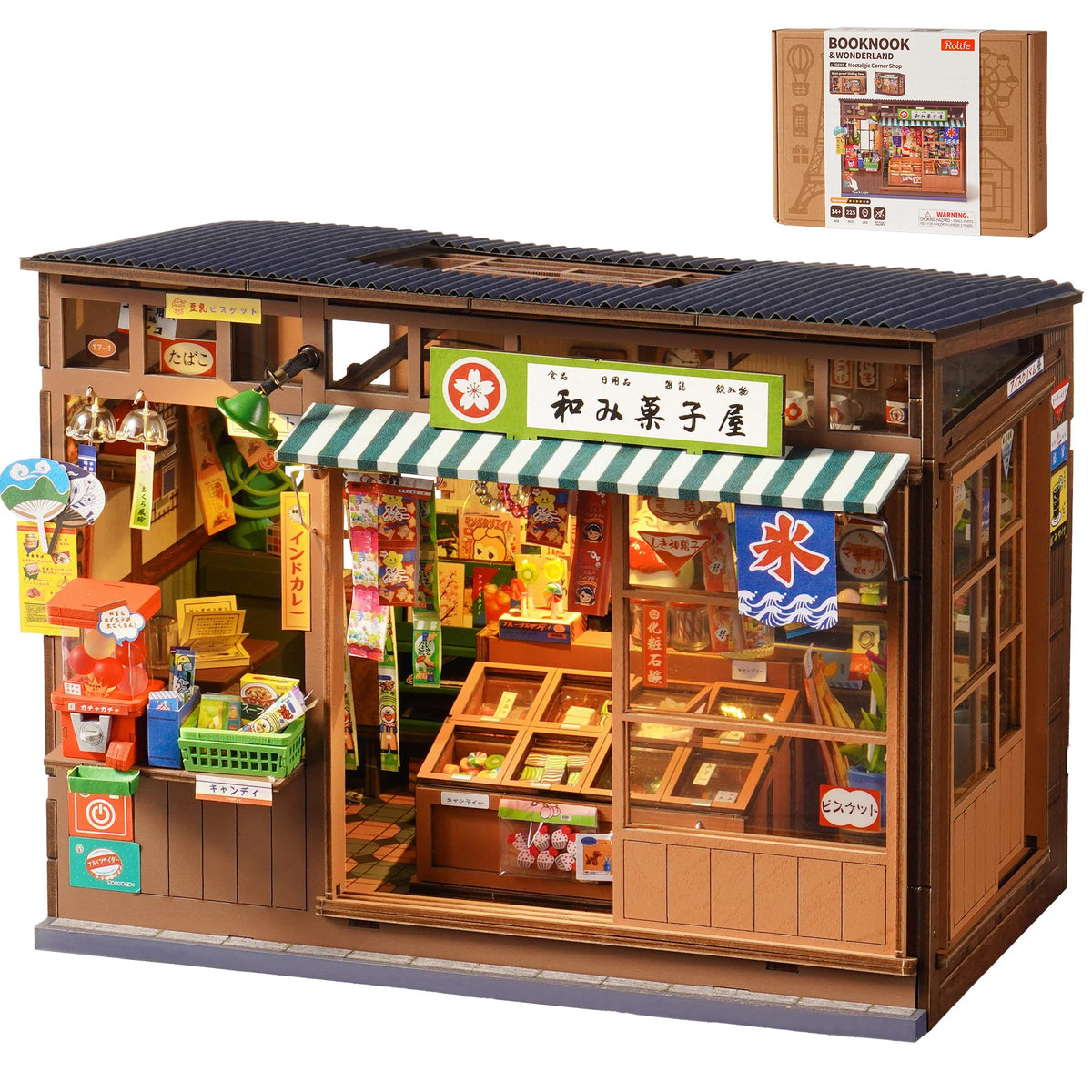 Rolife Nostalgic Corner Shop DIY Book Nook Kit with Sliding Door Wooden Dollhouse 3D Puzzle with LED Light for Bookshelf Decor