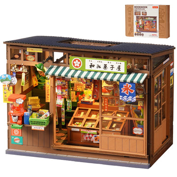 Rolife Nostalgic Corner Shop DIY Book Nook Kit with Sliding Door Wooden Dollhouse 3D Puzzle with LED Light for Bookshelf Decor
