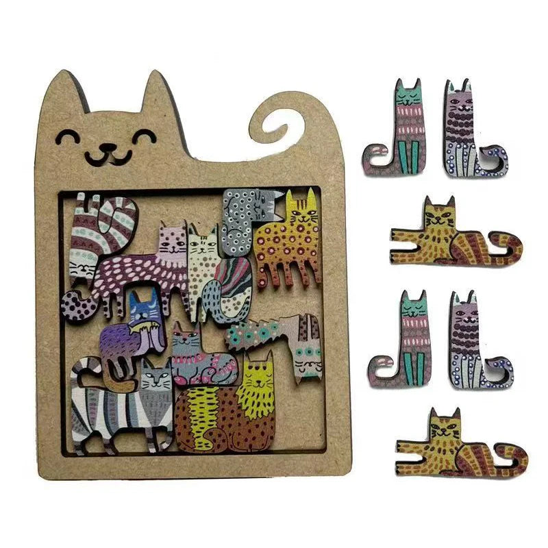 Cute Cat Shaped Wooden Jigsaw Puzzle Focus & Stress Relief Toys Irregular Unique Creative Ideal Gift for Kids Boys Girls