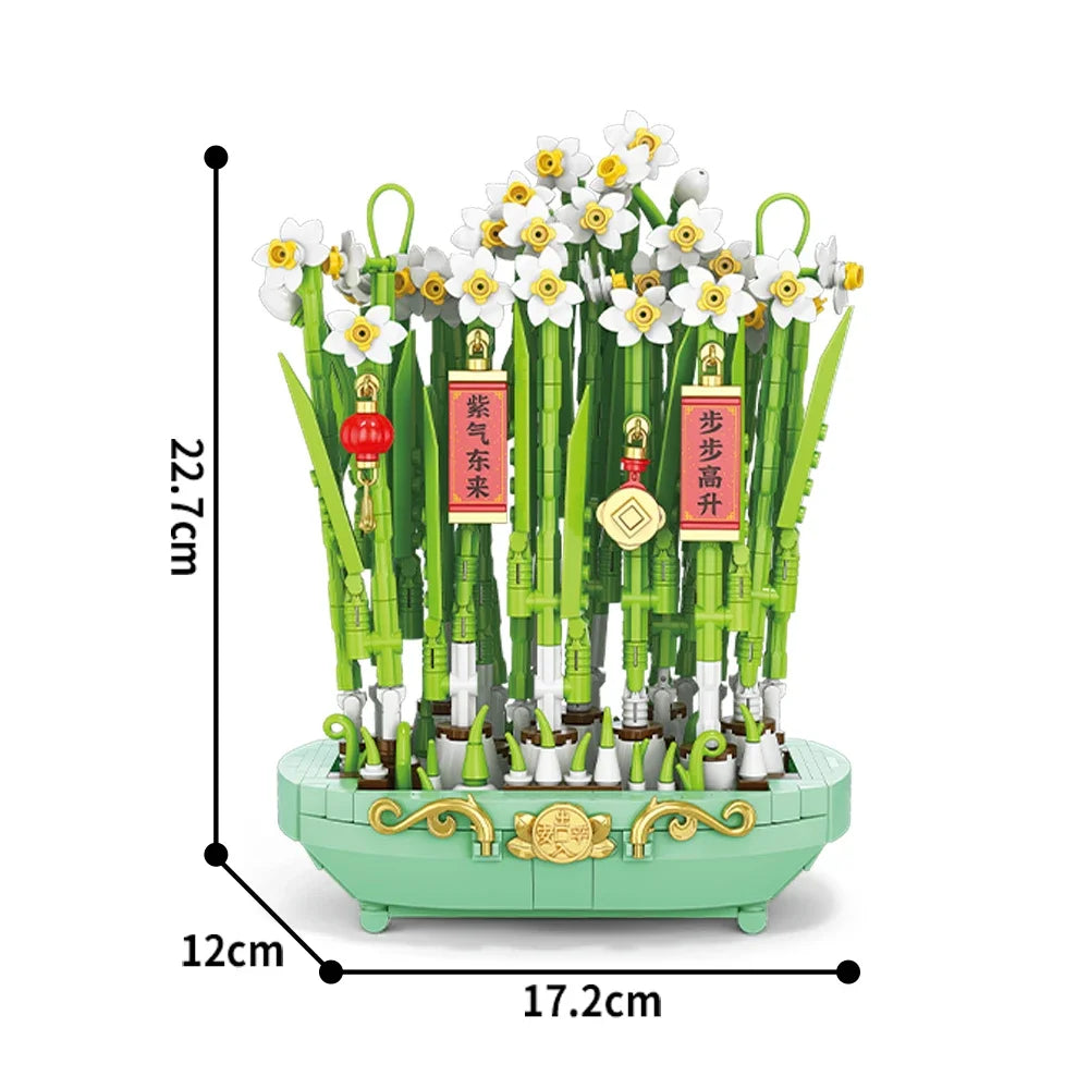 Creative City Bouquet, Peach Blossoms, Narcissus, Bonsai, Potted Plants, Building Block Models, Children's Home Decoration Toys