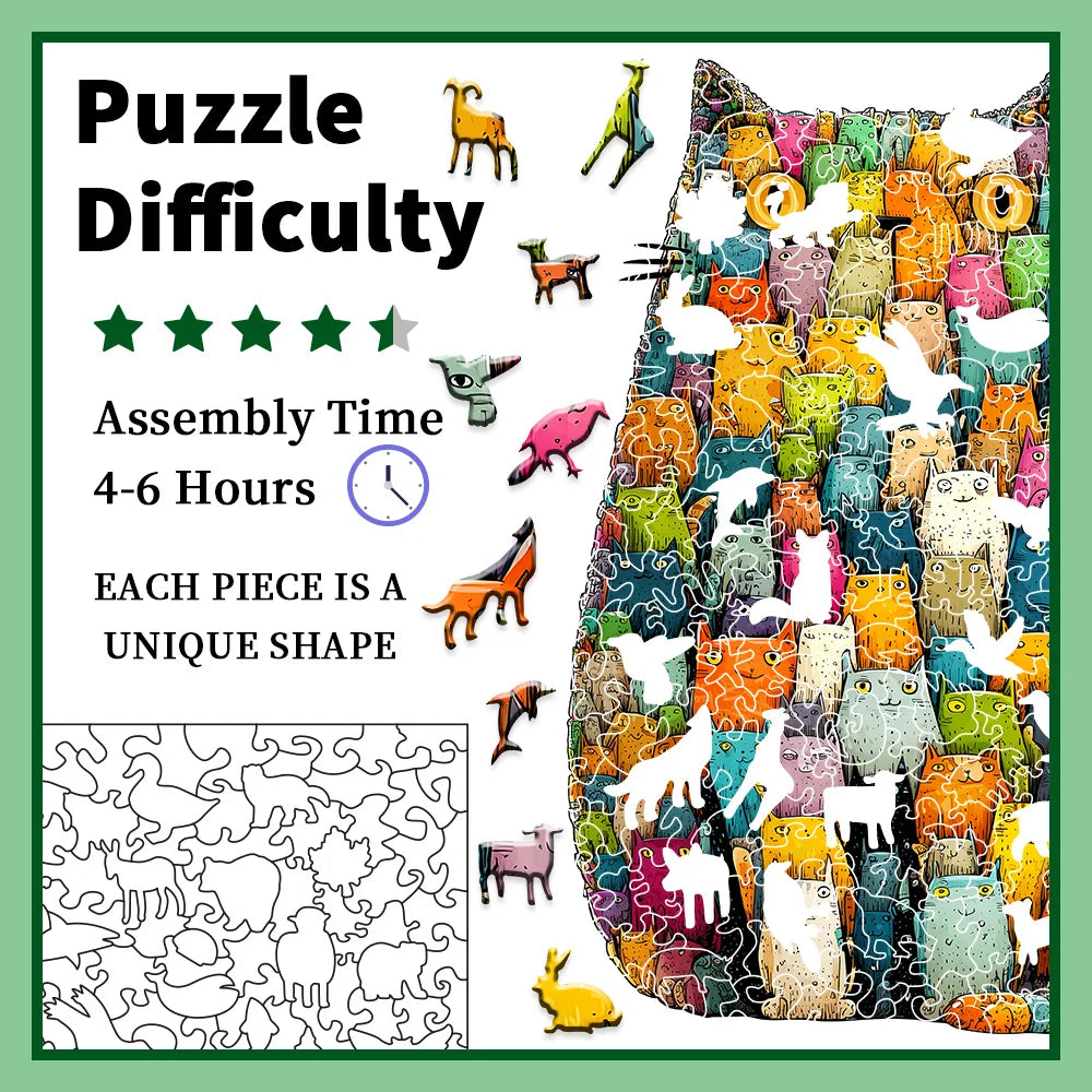 Wooden Cat Jigsaw Puzzle: High-Quality Waterproof Wood, Unique Shape Pieces, 4-6H Assembly, Home Decor & Family Fun Gift
