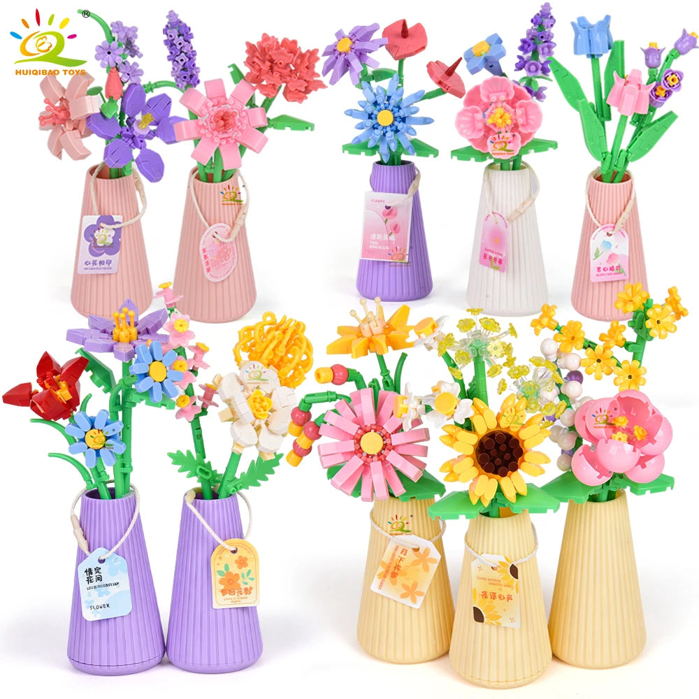 HUIQIBAO MOC Eternal Flower Bouquet with pot Micro Building Block Sunflower Rose Mini Model Brick Toy home Desk Decoration