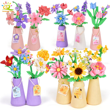 HUIQIBAO MOC Eternal Flower Bouquet with pot Micro Building Block Sunflower Rose Mini Model Brick Toy home Desk Decoration