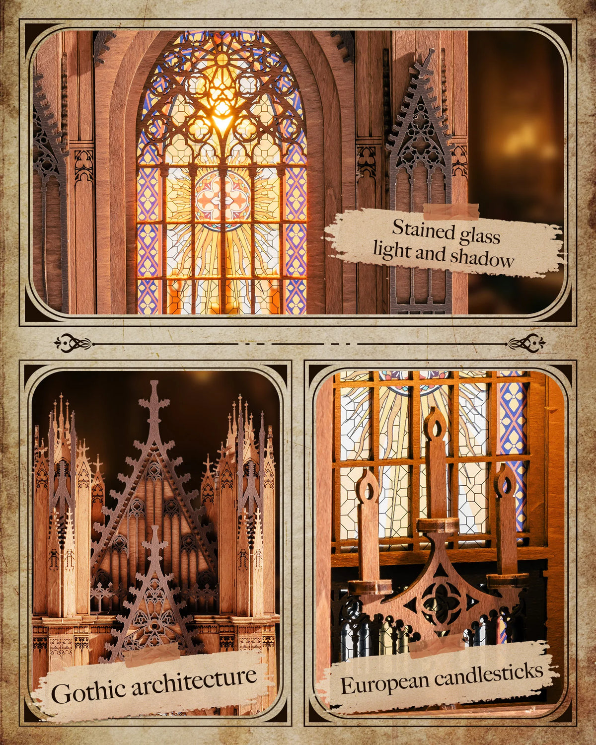 Rolife Wooden 3D Puzzle Twin-Tower Cathedral Model Building Kit DIY Miniature House Kit with LED Light for Bookshelf Decor