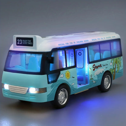 Mini Car Model Friction Powered Cars School Bus Toys Plastic City Bus With Sound And Light Miniature Vehicle Models