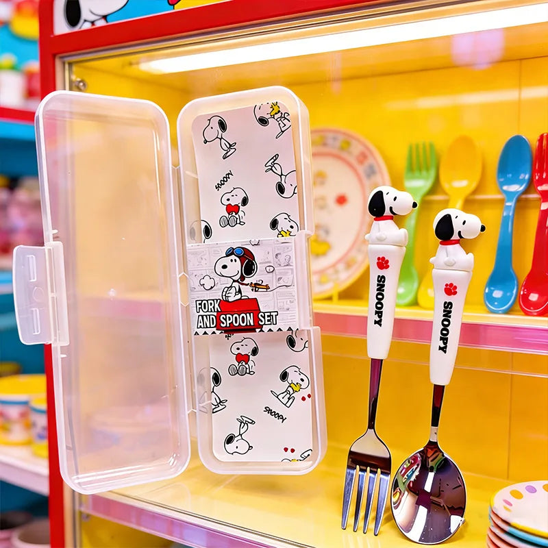Kids Funny Fork Spoon Set Peanuts Snoopy ABS Handle Stainless Steel Tableware Set Fork Spoon With Box House Stuff Kids Gifts
