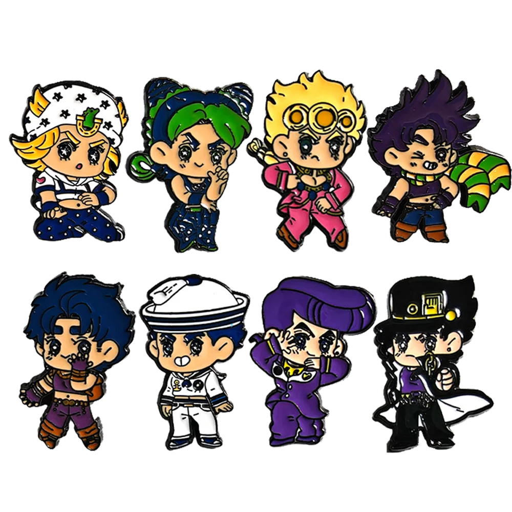 8Pcs Anime JoJo Enamel Pins Cute Chibi Hero Characters Jotaro Josuke Giorno Jolyne Lapel Pins Creative Brooch Badge Gift