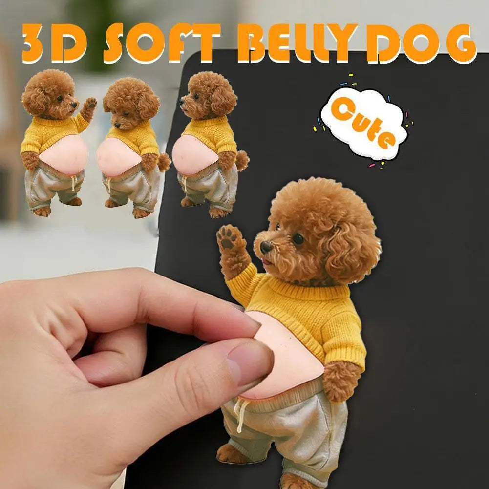 2026 3D Teddy Dog Belly Sticker - Cute puppy wearing orange outfit with soft pink background, silicone self-adhesive