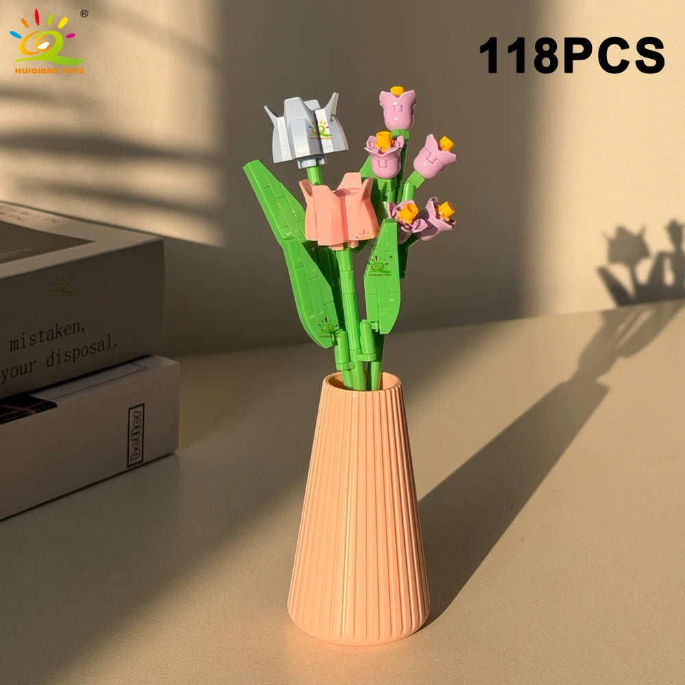 HUIQIBAO MOC Eternal Flower Bouquet with pot Micro Building Block Sunflower Rose Mini Model Brick Toy home Desk Decoration