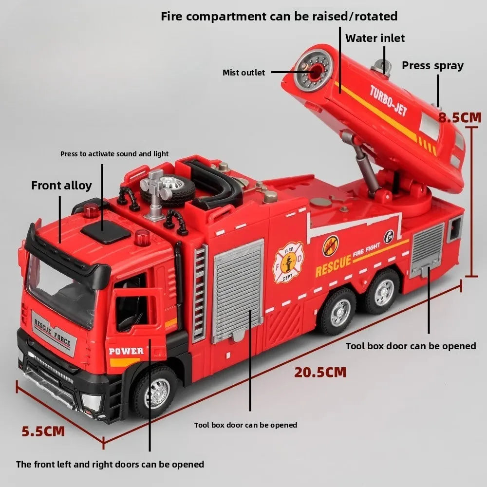 1:32 Spray Fire Truck Model Water Spray Ladder Trucks Toy Car Sound Light Pull Back Doors Opened Vehicle Collection Boys Gift