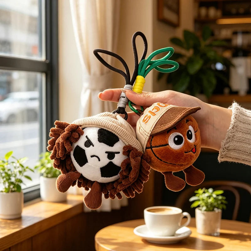 10cm Basketball Football Pendant Cowboy Style Sports Ball Stuffed Plush Dolls Keychain Backpack Hangings Gifts For Ball Fans