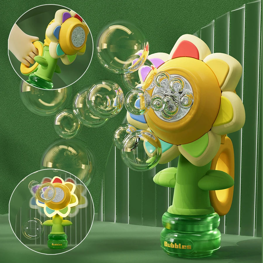 Cute Automatic Bubbles Machine Toys Seven Color Sunflower Shake Head Soap Bubbles Swing Light Blowing Handheld Bubble Kids