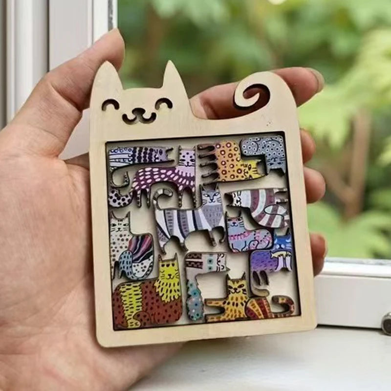 Cute Cat Shaped Wooden Jigsaw Puzzle Focus & Stress Relief Toys Irregular Unique Creative Ideal Gift for Kids Boys Girls