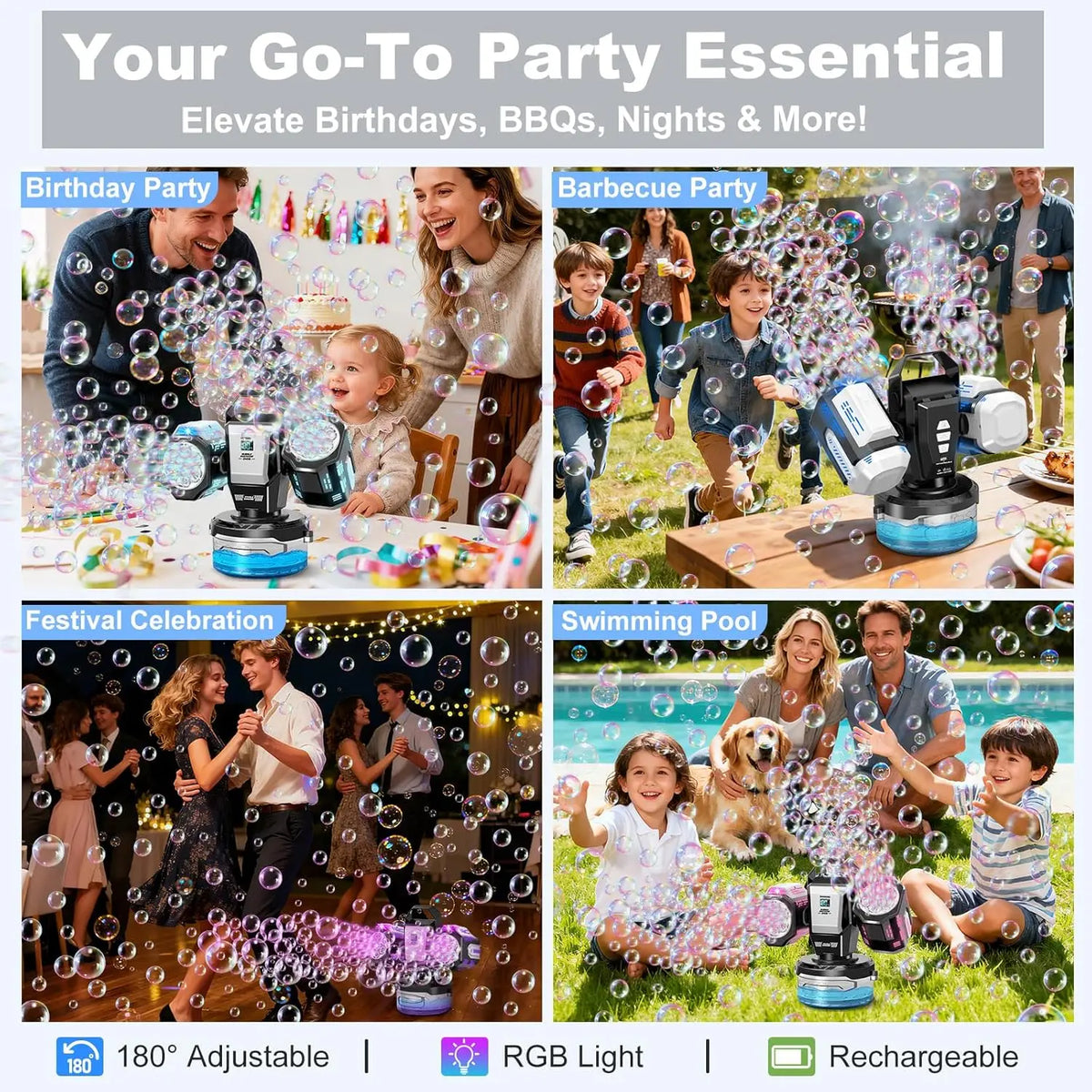 Rechargeable Bubble Machine for Children, 180 °   Rotation, 10,000+ Big Bubbles/Min, Ideal Gift for Boys & Girls 3+.