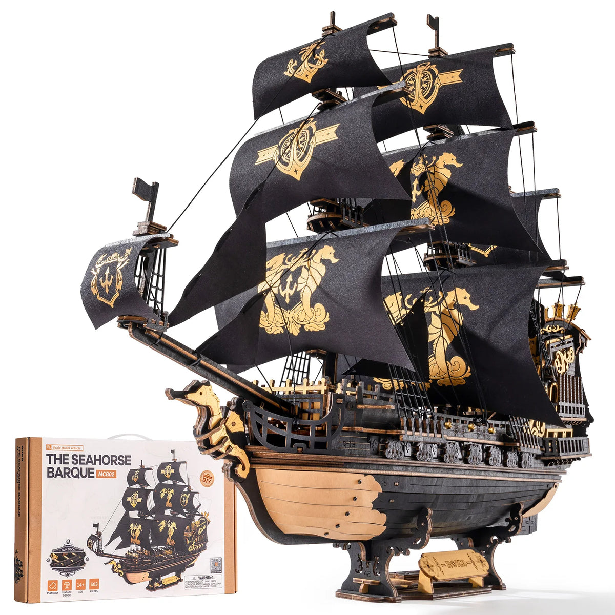 ROKR Seahorse Barque Wooden 3D Puzzle 1:100 Scale DIY Sailboat Model Building Kit 603 Pieces Brain Teasers Jigsaw Toy for Adults Boys