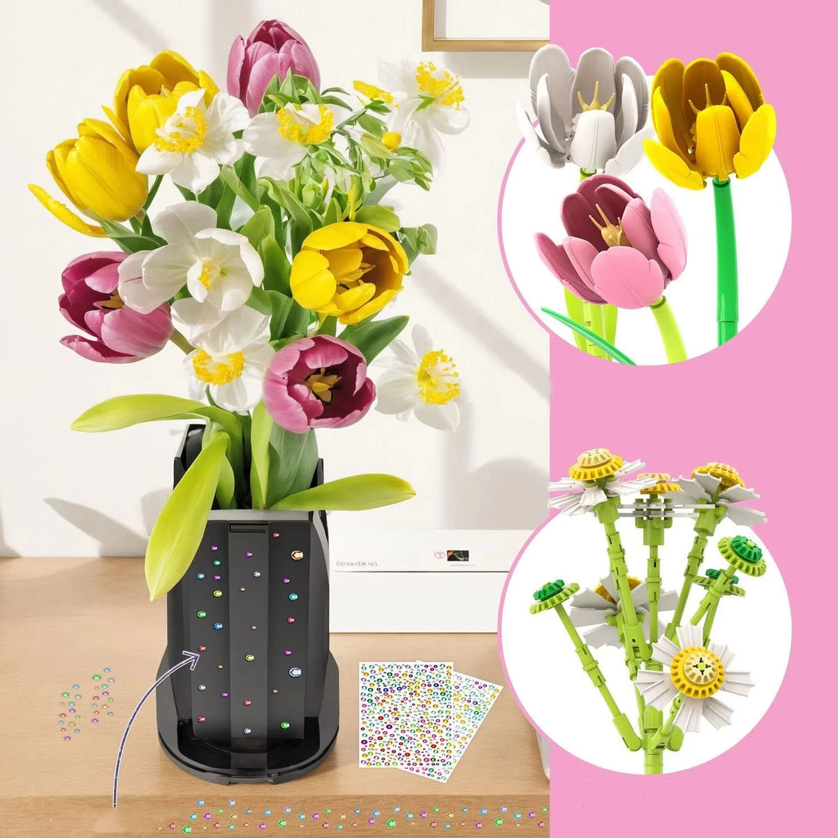 1250PCS Tulip Bouquet Building Blocks Flower Eternal Flower Vase Model Bricks Home Decoration DIY Puzzle Toys Romantic Gifts