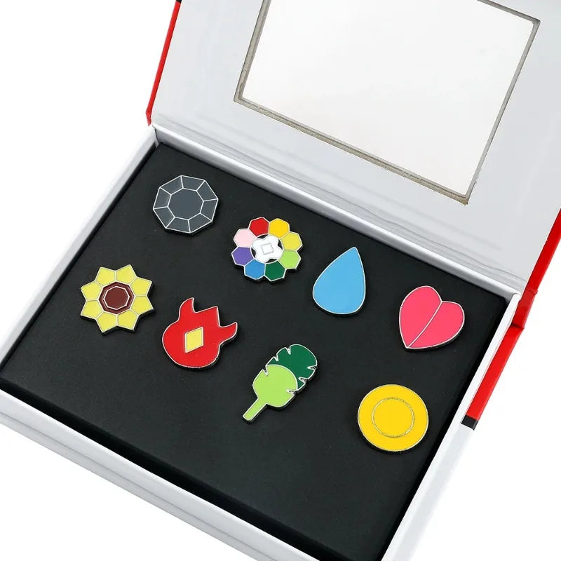 Pocket Monster Trainer Gym Badges Collection Kanto Johto Hoenn Unova Kalos Orange Islands Pins Brooches Toy for Collectors